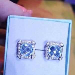 Blue Topaz Halo Stud Earrings 14 K White Gold Silver 925, Gift Box